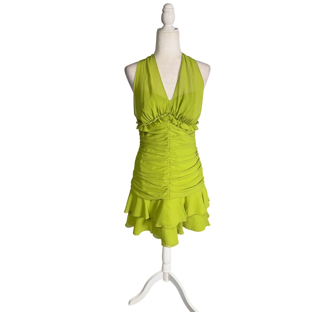 Vintage Y2K Roberta Lime Green Ruched Halter Ruffle Mini Dress Size 2–4 - Picture 1 of 5
